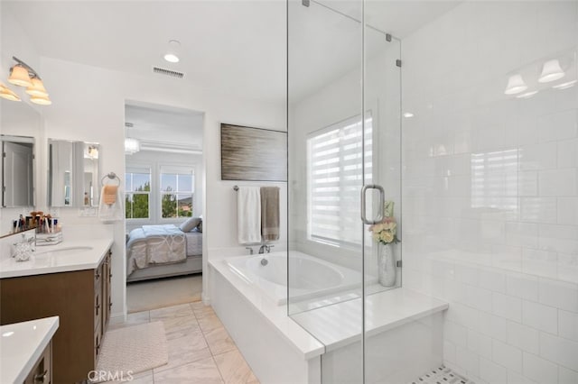 11 Juniper, Lake Forest, CA 92630 - full bath with vanity, a stall shower, a bath, marble finish flooring, and ensuite bathroom