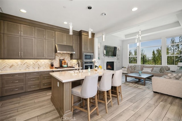 11 Juniper, Lake Forest, CA 92630 - kitchen with appliances with stainless steel finishes, under cabinet range hood, open floor plan, a raised ceiling, and tasteful backsplash