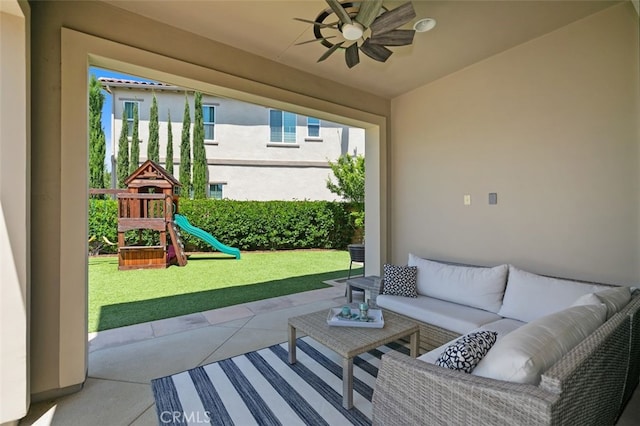 11 Juniper, Lake Forest, CA 92630 - view of patio featuring an outdoor hangout area, ceiling fan, and a playground