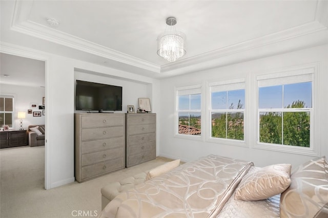 11 Juniper, Lake Forest, CA 92630 - carpeted bedroom with ornamental molding, a raised ceiling, and a chandelier
