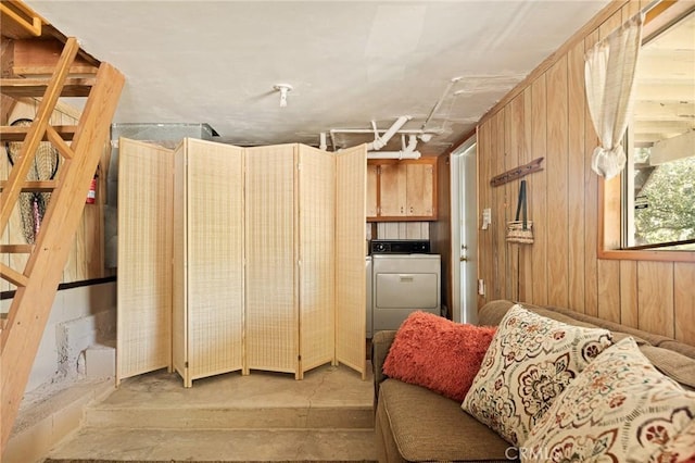 32953 Juniper Ln, Green Valley Lake, CA 92341 - interior space with washer / dryer and wooden walls