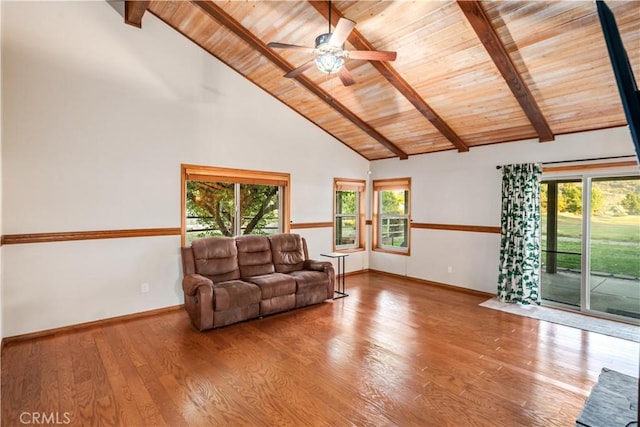 24050 Basin Harbor Ct, Tehachapi, CA 93561 - living room featuring a wood ceiling with exposed beams, high vaulted ceiling, plenty of natural light, wood finished floors, and a ceiling fan