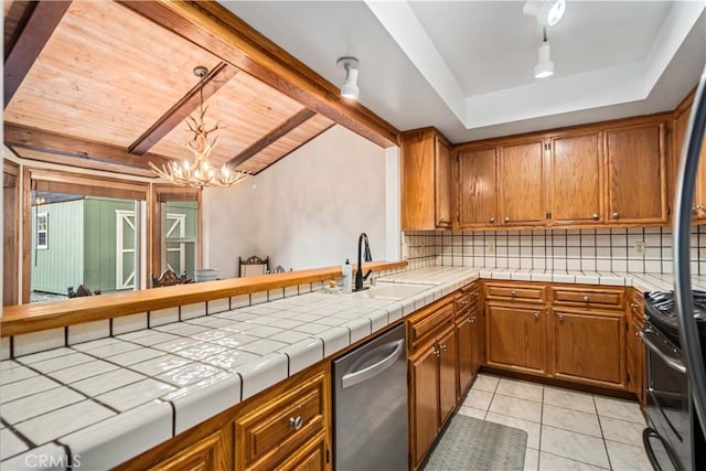24050 Basin Harbor Ct, Tehachapi, CA 93561 - kitchen with stainless steel dishwasher, brown cabinetry, backsplash, a raised ceiling, and a wooden ceiling with exposed beams