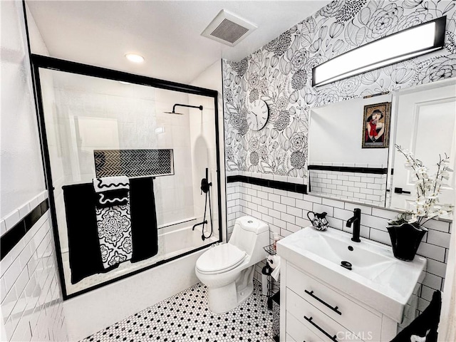 18602 Creek Ln, Huntington Beach, CA 92648 - full bathroom featuring tile walls, vanity, a wainscoted wall, wallpapered walls, and recessed lighting