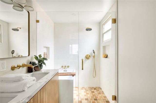 4131 Edgehill Dr, Los Angeles, CA 90008 - full bathroom with a stall shower and double vanity