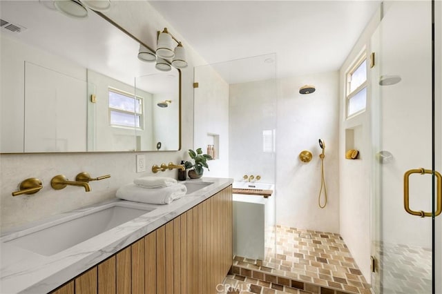 4131 Edgehill Dr, Los Angeles, CA 90008 - bathroom with a stall shower and double vanity