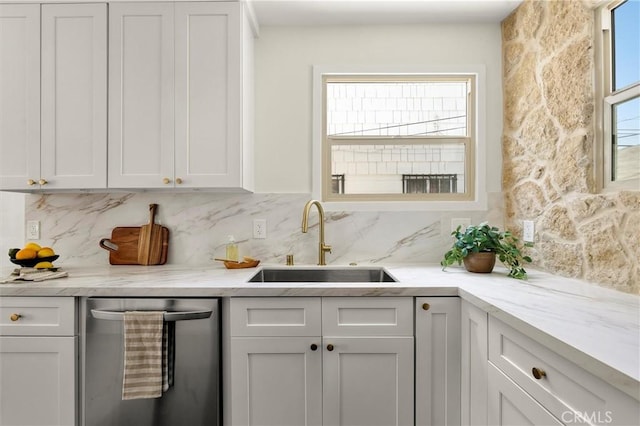 4131 Edgehill Dr, Los Angeles, CA 90008 - kitchen with backsplash, white cabinetry, dishwasher, and light stone counters