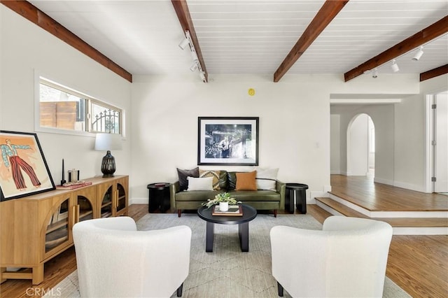 4131 Edgehill Dr, Los Angeles, CA 90008 - living area with track lighting, arched walkways, light wood-type flooring, and beam ceiling