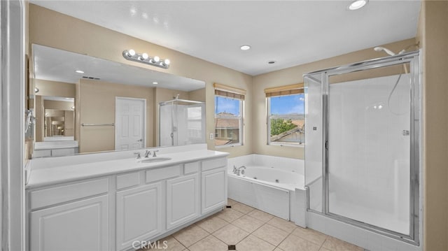 3360 Hammock St, Perris, CA 92571 - full bathroom featuring a shower stall, vanity, a tub with jets, tile patterned flooring, and recessed lighting