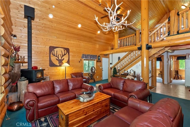 29729 Katherine Way, Cedar Glen, CA 92321 - living room featuring wood ceiling, high vaulted ceiling, stairs, plenty of natural light, and wooden walls
