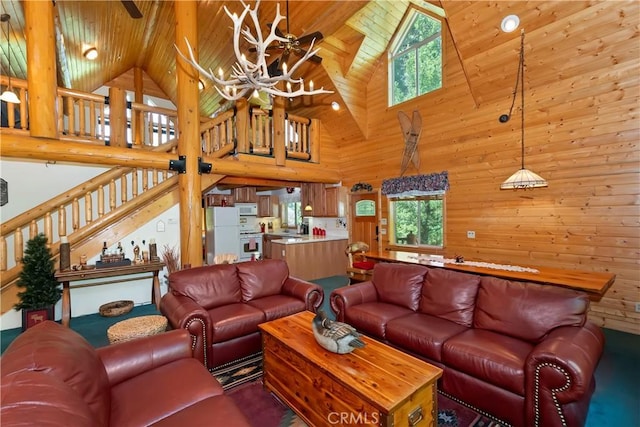 29729 Katherine Way, Cedar Glen, CA 92321 - living area featuring high vaulted ceiling, a chandelier, wooden ceiling, plenty of natural light, and stairway