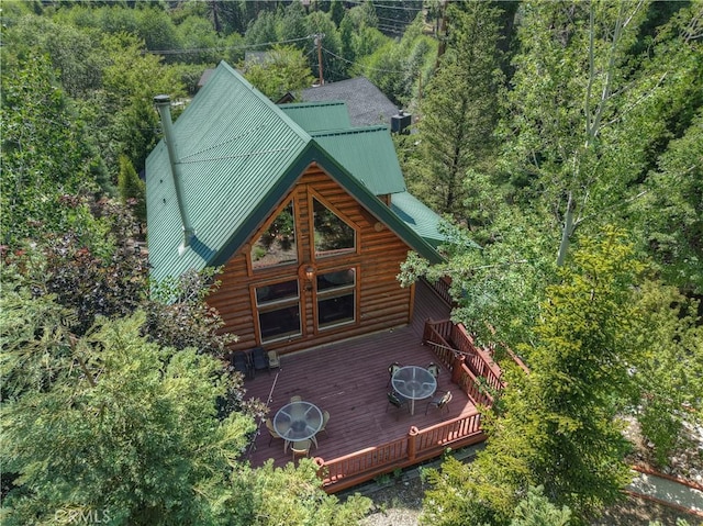 29729 Katherine Way, Cedar Glen, CA 92321 - back of house with a deck, a metal roof, and a forest view