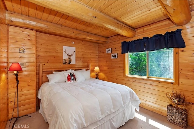 29729 Katherine Way, Cedar Glen, CA 92321 - bedroom featuring a wood ceiling with exposed beams, carpet, and wood walls