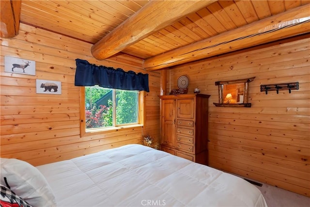 29729 Katherine Way, Cedar Glen, CA 92321 - carpeted bedroom with a wood ceiling with exposed beams and wooden walls
