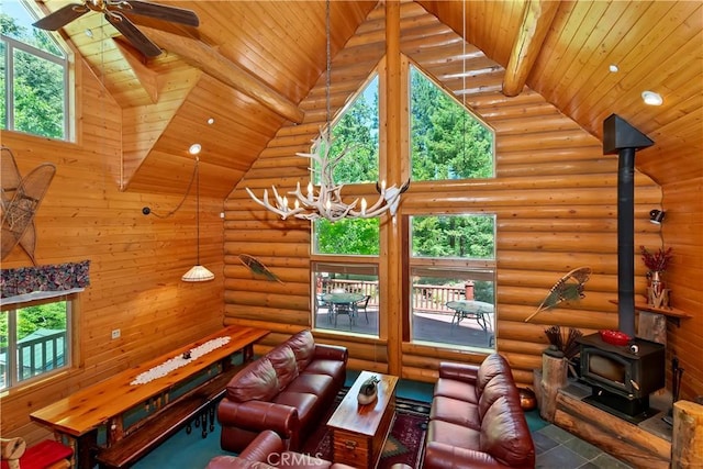 29729 Katherine Way, Cedar Glen, CA 92321 - living area with a wood stove, high vaulted ceiling, a wooden ceiling with exposed beams, ceiling fan, and log walls