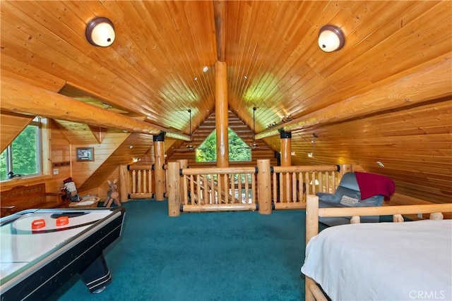 29729 Katherine Way, Cedar Glen, CA 92321 - carpeted bedroom with wooden ceiling, wooden walls, and lofted ceiling