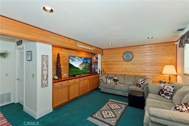 29729 Katherine Way, Cedar Glen, CA 92321 - living area with dark carpet, wood walls, and recessed lighting