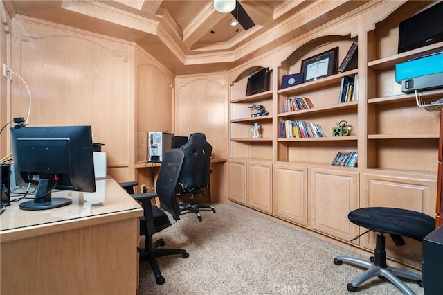 275 E 24th St, Upland, CA 91784 - carpeted home office featuring ornamental molding, coffered ceiling, ceiling fan, beam ceiling, and built in shelves