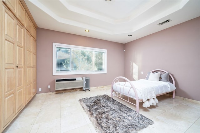 275 E 24th St, Upland, CA 91784 - bedroom featuring radiator heating unit, a raised ceiling, light tile patterned floors, and recessed lighting
