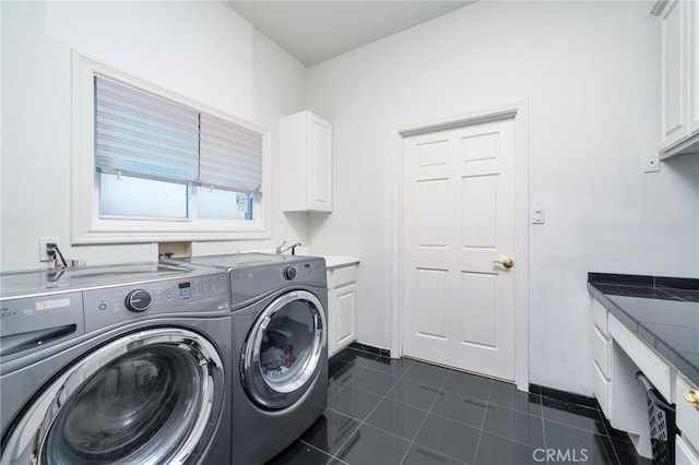275 E 24th St, Upland, CA 91784 - laundry area featuring washer and dryer, cabinet space, and dark tile patterned flooring