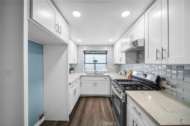 120 Poxon Pl, West Covina, CA 91790 - kitchen featuring gas stove, under cabinet range hood, light stone counters, dark wood finished floors, and recessed lighting