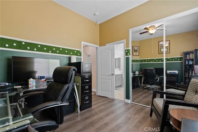 28518 High Ridge Dr, Saugus, CA 91390 - home office with wood finished floors and a ceiling fan