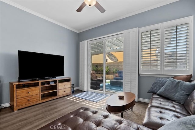 28518 High Ridge Dr, Saugus, CA 91390 - living area featuring ceiling fan, crown molding, and wood finished floors