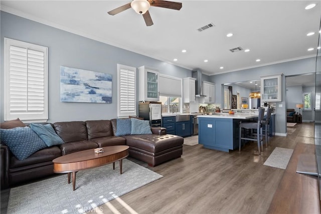 28518 High Ridge Dr, Saugus, CA 91390 - living area with ornamental molding, a ceiling fan, light wood-style floors, and recessed lighting