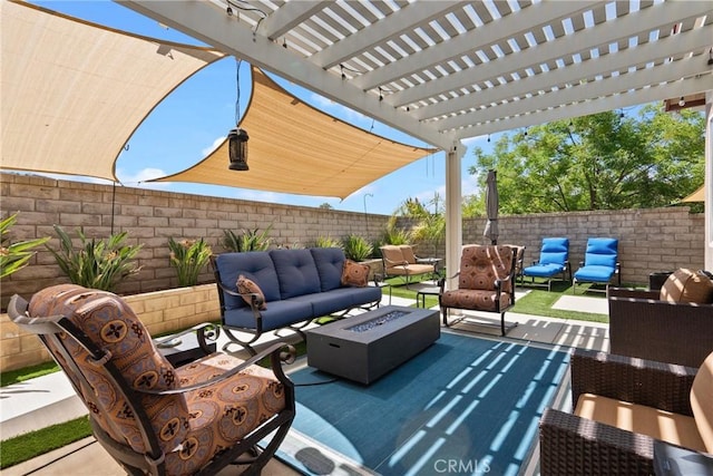 28518 High Ridge Dr, Saugus, CA 91390 - fenced backyard with an outdoor living space with a fire pit, a patio, and a pergola