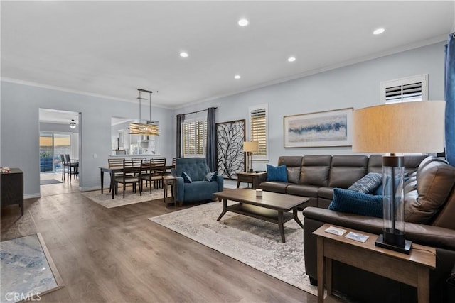 28518 High Ridge Dr, Saugus, CA 91390 - living room with ornamental molding, wood finished floors, and recessed lighting