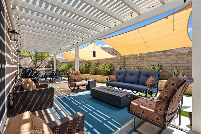 28518 High Ridge Dr, Saugus, CA 91390 - fenced backyard with an outdoor living space with a fire pit, a patio, and a pergola