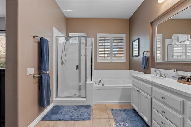 28518 High Ridge Dr, Saugus, CA 91390 - full bath featuring a bath, tile patterned flooring, vanity, and a stall shower