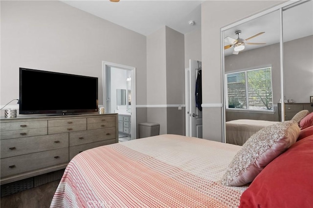 28518 High Ridge Dr, Saugus, CA 91390 - bedroom featuring wood finished floors, a ceiling fan, ensuite bathroom, and a closet