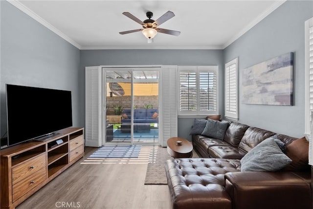 28518 High Ridge Dr, Saugus, CA 91390 - living area with wood finished floors, ceiling fan, and ornamental molding