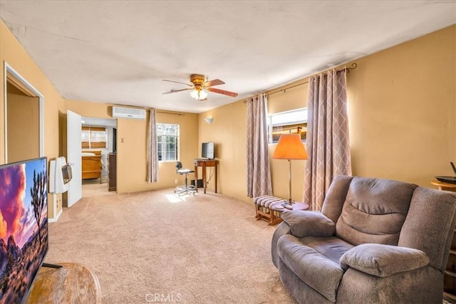 1638 Hales Dr Unit 29, Palms, CA 92277 - living area featuring ceiling fan, a wall unit AC, and carpet floors