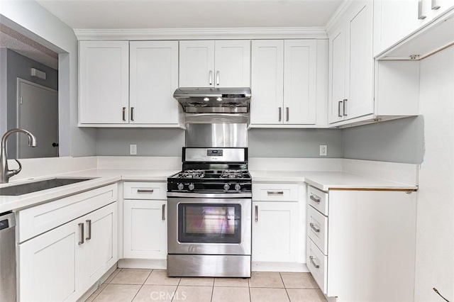 13100 Creek View Dr Unit 204, Garden Grove, CA 92844 - kitchen featuring appliances with stainless steel finishes, ventilation hood, light countertops, and light tile patterned floors