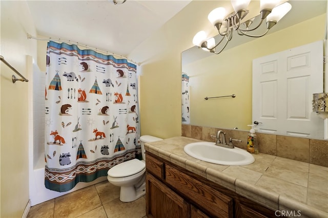 58706 Buena Vista Dr, Yucca Valley, CA 92284 - bathroom with a chandelier, vanity, shower / bathtub combination with curtain, and tile patterned floors