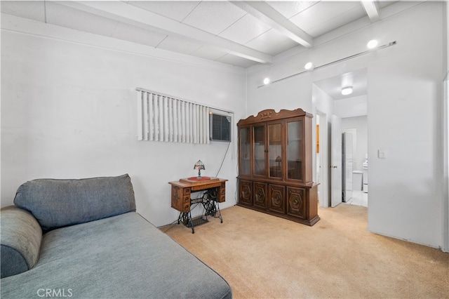 16140 Bycroft St, Hacienda Heights, CA 91745 - sitting room featuring beamed ceiling and carpet floors