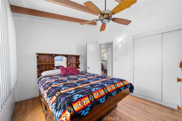 16140 Bycroft St, Hacienda Heights, CA 91745 - bedroom featuring wood finished floors, a closet, ceiling fan, and beam ceiling