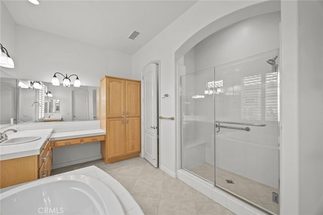 9116 Pinyon Point Ct, Corona, CA 92883 - full bathroom featuring a stall shower, vanity, a garden tub, and tile patterned floors