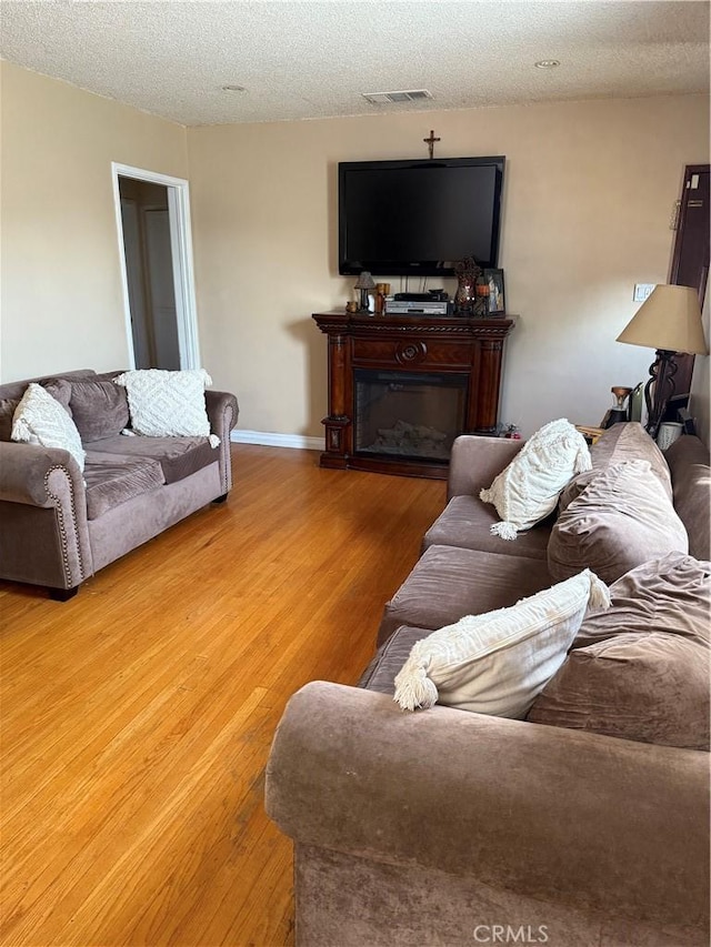 6045 Lincoln Ave, South Gate, CA 90280 - living area with light wood-type flooring, a textured ceiling, and a glass covered fireplace