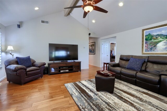 47003 Lookout Mountain Dr, Coarsegold, CA 93614 - living area with a ceiling fan, beam ceiling, light wood finished floors, high vaulted ceiling, and recessed lighting