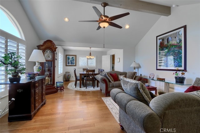 47003 Lookout Mountain Dr, Coarsegold, CA 93614 - living area featuring light wood-style flooring, beam ceiling, a ceiling fan, a chandelier, and high vaulted ceiling