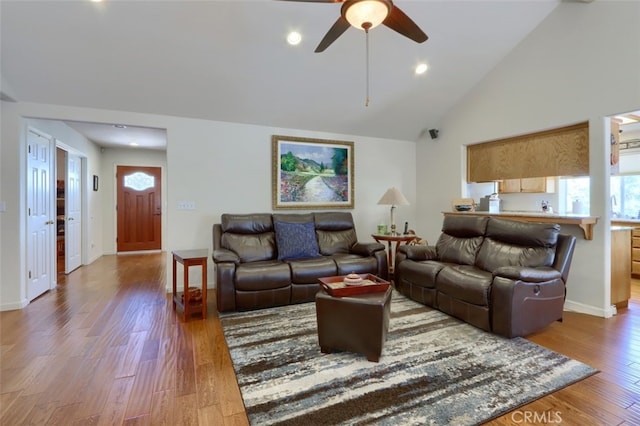 47003 Lookout Mountain Dr, Coarsegold, CA 93614 - living room with a ceiling fan, plenty of natural light, wood finished floors, lofted ceiling, and recessed lighting