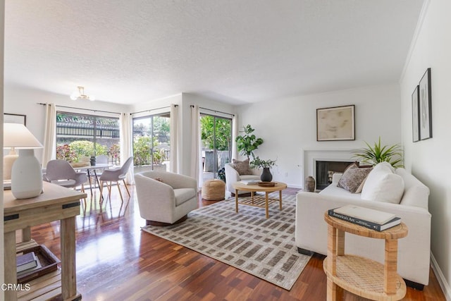 124 Monterey Rd Unit 108, South Pasadena, CA 91030 - living room with wood finished floors, a textured ceiling, and a fireplace