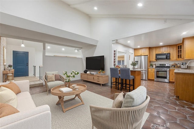 27403 Garza Dr, Saugus, CA 91350 - living area featuring recessed lighting, a ceiling fan, high vaulted ceiling, and beam ceiling