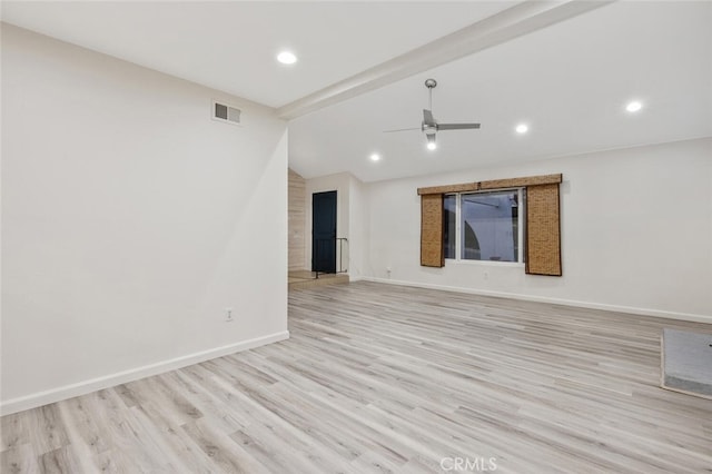 27403 Garza Dr, Saugus, CA 91350 - unfurnished living room featuring light wood-style floors, a ceiling fan, lofted ceiling, and recessed lighting
