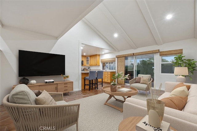 27403 Garza Dr, Saugus, CA 91350 - living area with beam ceiling, recessed lighting, and high vaulted ceiling