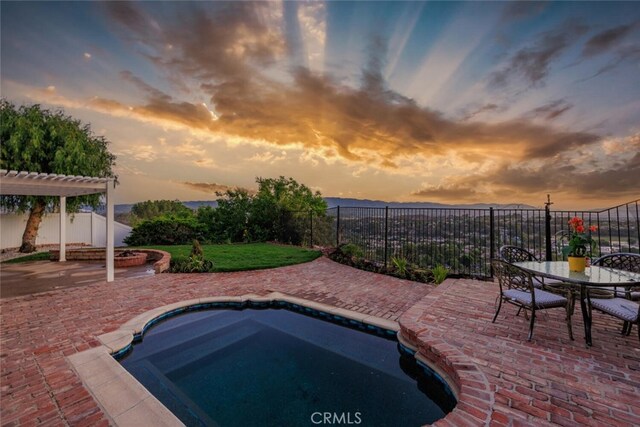 27403 Garza Dr, Saugus, CA 91350 - view of swimming pool with a patio, a fenced backyard, a pergola, and outdoor dining area