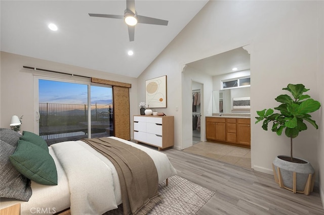 27403 Garza Dr, Saugus, CA 91350 - bedroom featuring access to outside, light wood finished floors, high vaulted ceiling, recessed lighting, and ensuite bath
